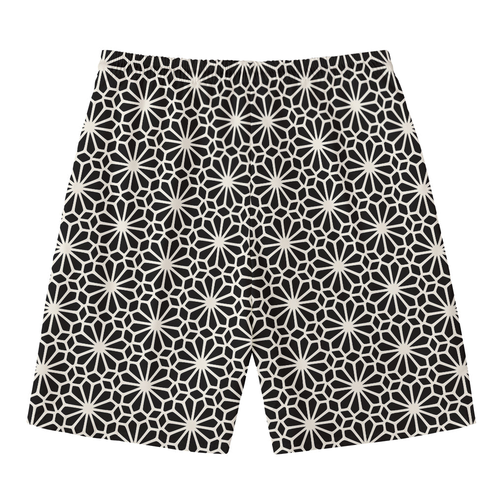 Black And White Geometric Floral Print Men's Swim Trunks
