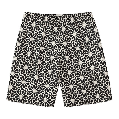 Black And White Geometric Floral Print Men's Swim Trunks