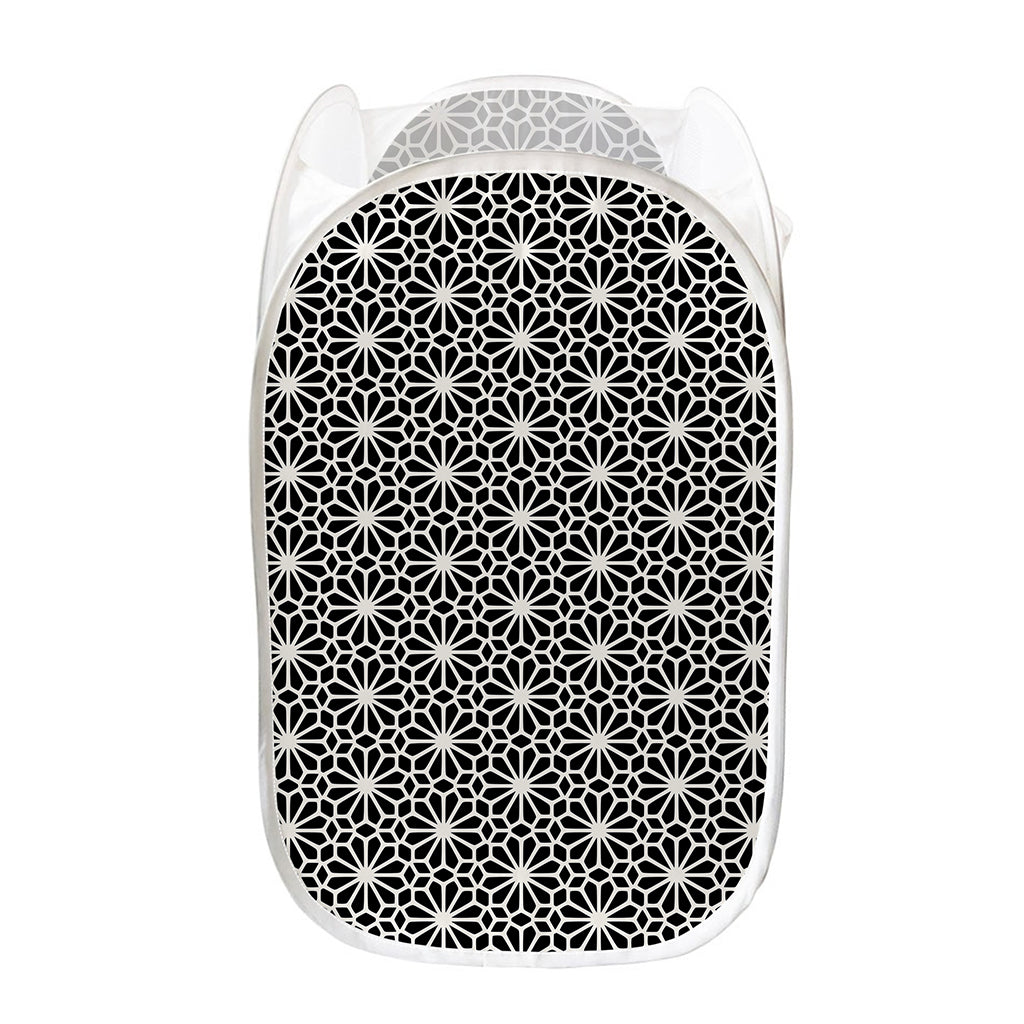 Black And White Geometric Floral Print Mesh Laundry Hamper