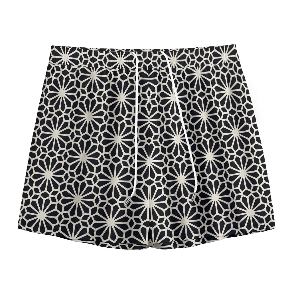 Black And White Geometric Floral Print Mesh Shorts