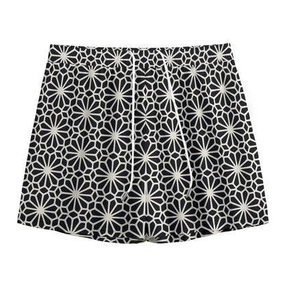 Black And White Geometric Floral Print Mesh Shorts