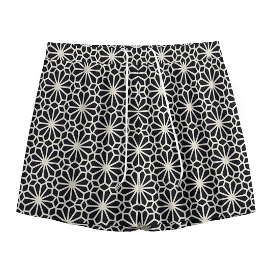 Black And White Geometric Floral Print Mesh Shorts