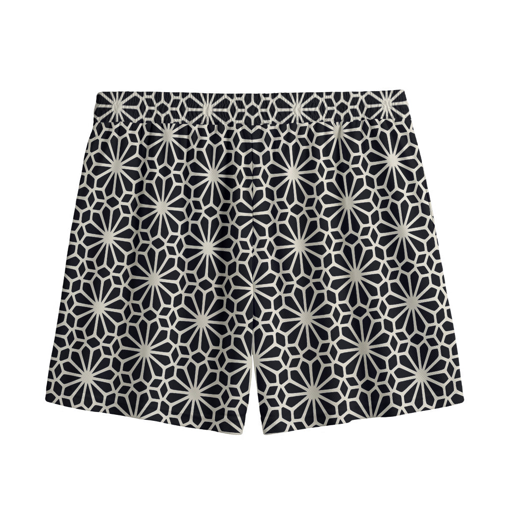 Black And White Geometric Floral Print Mesh Shorts