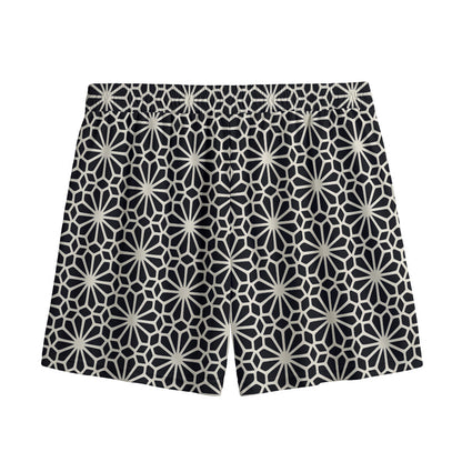 Black And White Geometric Floral Print Mesh Shorts