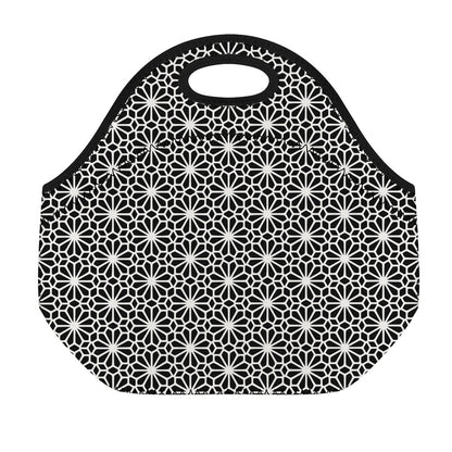 Black And White Geometric Floral Print Neoprene Lunch Bag