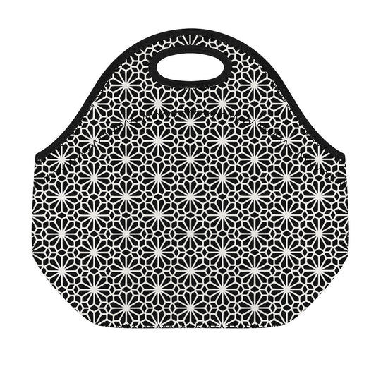 Black And White Geometric Floral Print Neoprene Lunch Bag