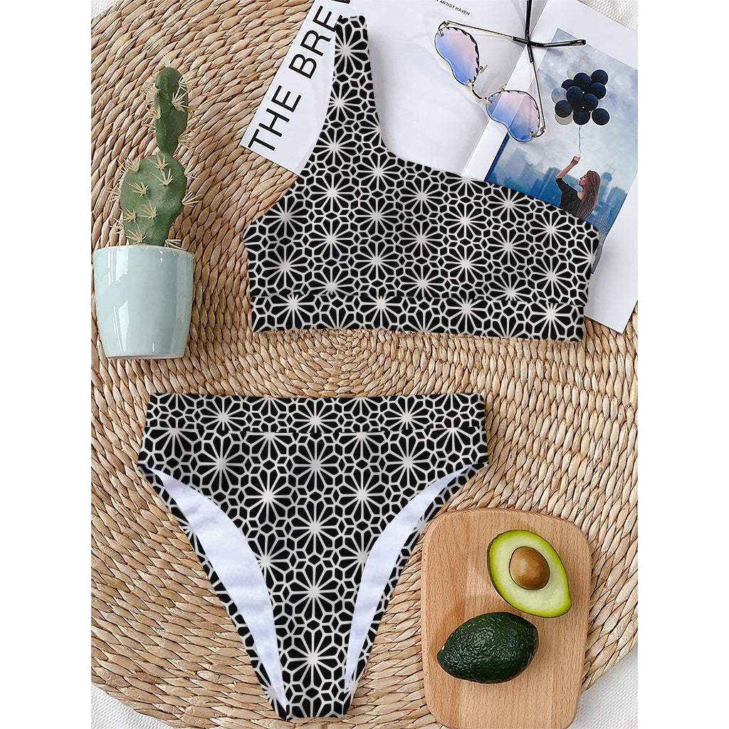 Black And White Geometric Floral Print One Shoulder Bikini Top