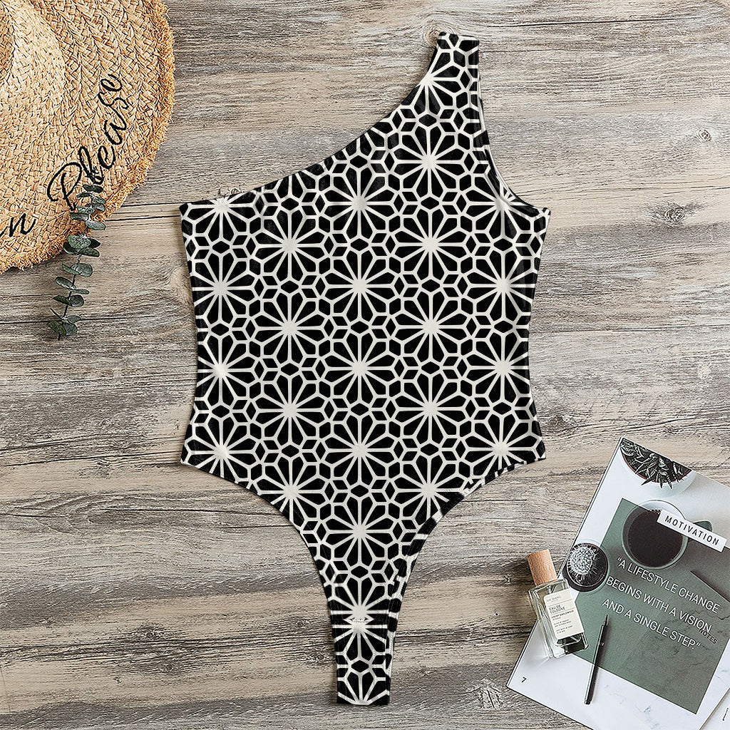 Black And White Geometric Floral Print One Shoulder Bodysuit