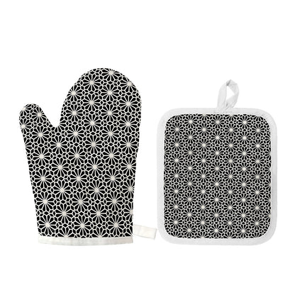 Black And White Geometric Floral Print Oven Mitt And Pot Holder Set