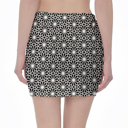 Black And White Geometric Floral Print Pencil Mini Skirt