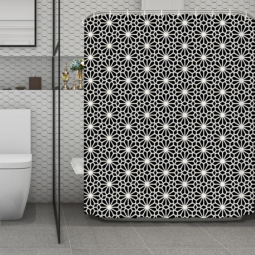 Black And White Geometric Floral Print Polyester Shower Curtain