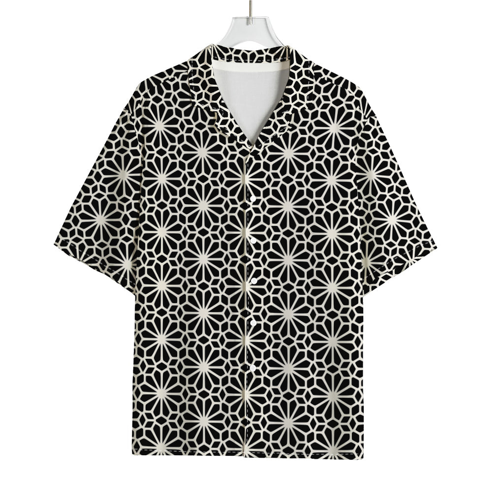 Black And White Geometric Floral Print Rayon Hawaiian Shirt