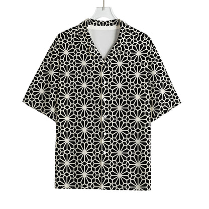 Black And White Geometric Floral Print Rayon Hawaiian Shirt