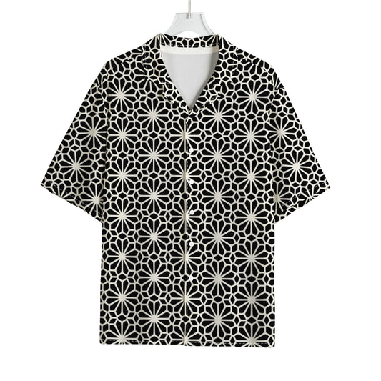 Black And White Geometric Floral Print Rayon Hawaiian Shirt