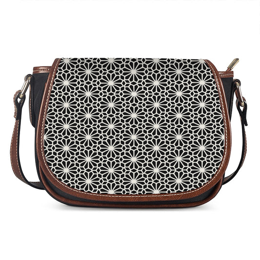 Black And White Geometric Floral Print Saddle Bag