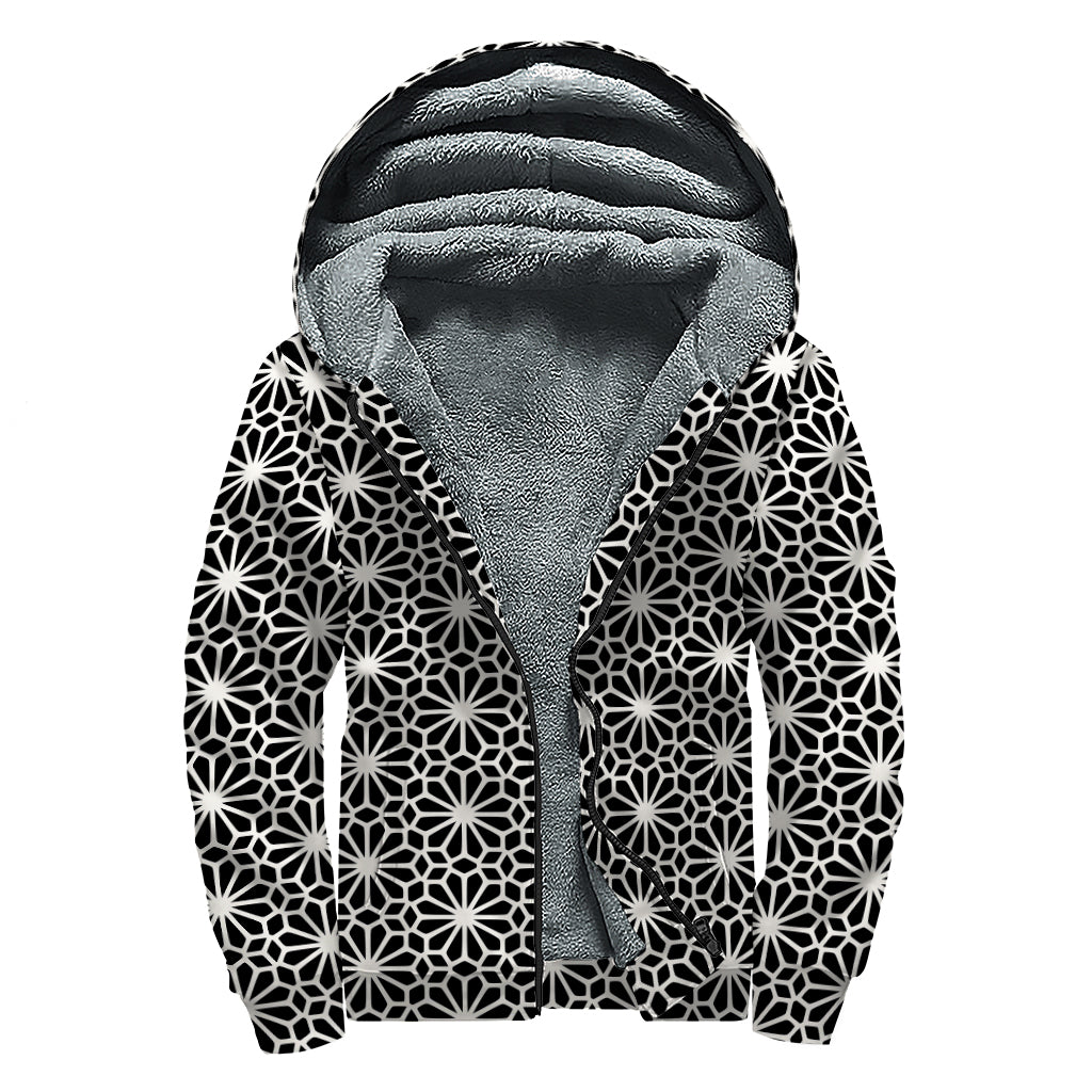 Black And White Geometric Floral Print Sherpa Lined Zip Up Hoodie