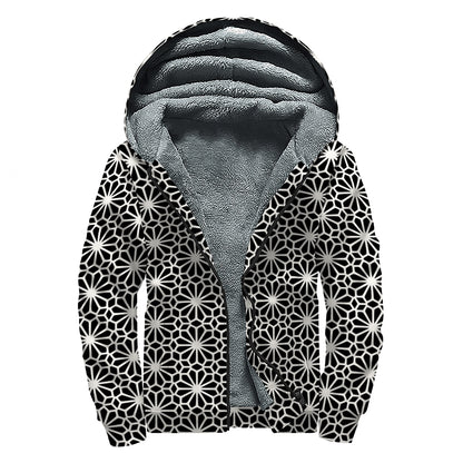 Black And White Geometric Floral Print Sherpa Lined Zip Up Hoodie