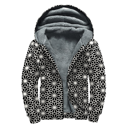 Black And White Geometric Floral Print Sherpa Lined Zip Up Hoodie