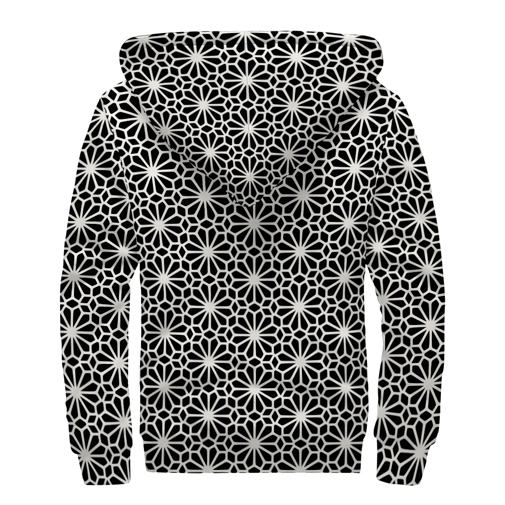 Black And White Geometric Floral Print Sherpa Lined Zip Up Hoodie