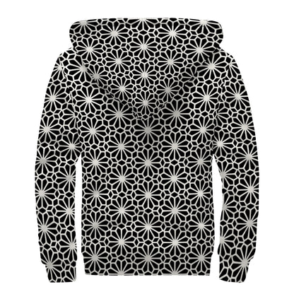 Black And White Geometric Floral Print Sherpa Lined Zip Up Hoodie
