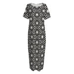 Black And White Geometric Floral Print Short Sleeve Long Nightdress