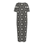 Black And White Geometric Floral Print Short Sleeve Long Nightdress