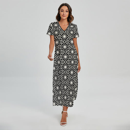 Black And White Geometric Floral Print Short Sleeve Maxi Dress