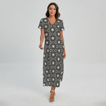Black And White Geometric Floral Print Short Sleeve Maxi Dress