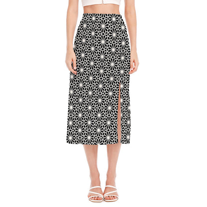 Black And White Geometric Floral Print Side Slit Midi Skirt