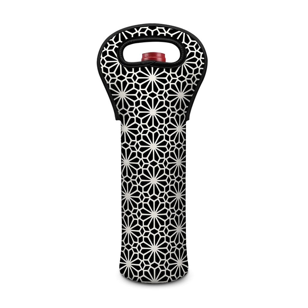 Black And White Geometric Floral Print Single Neoprene Wine Tote