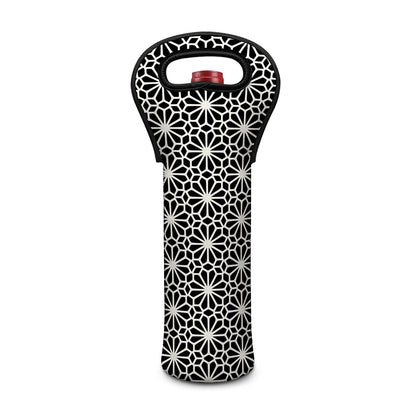 Black And White Geometric Floral Print Single Neoprene Wine Tote