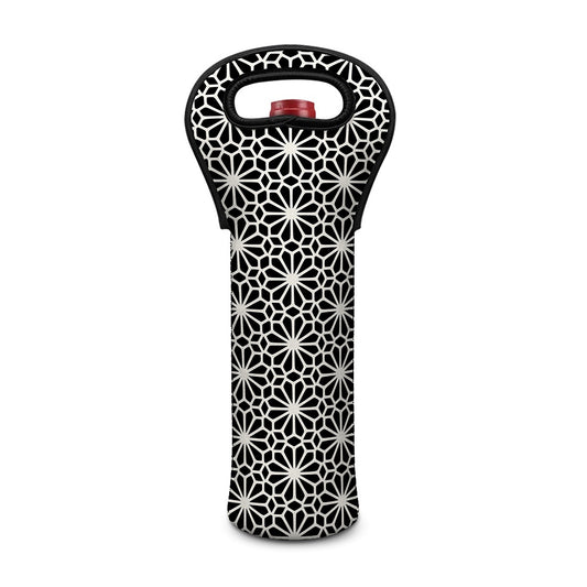 Black And White Geometric Floral Print Single Neoprene Wine Tote
