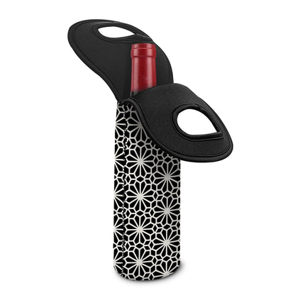Black And White Geometric Floral Print Single Neoprene Wine Tote