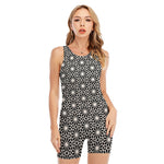 Black And White Geometric Floral Print Sleeveless One Piece Swimsuit