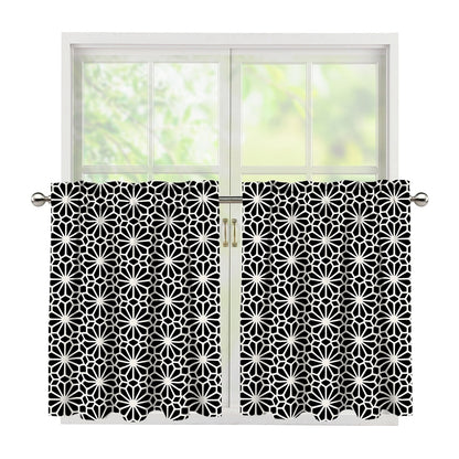 Black And White Geometric Floral Print Tier Curtains