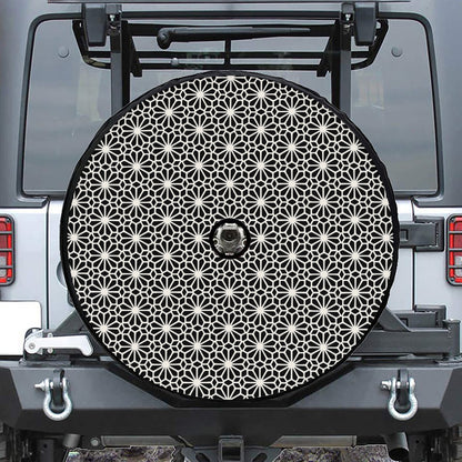 Black And White Geometric Floral Print Tire Cover With Camera Hole
