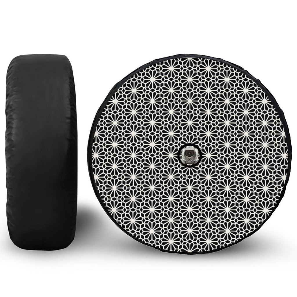Black And White Geometric Floral Print Tire Cover With Camera Hole