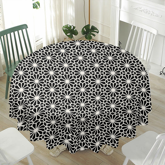 Black And White Geometric Floral Print Waterproof Round Tablecloth