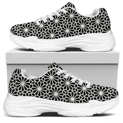 Black And White Geometric Floral Print White Chunky Shoes