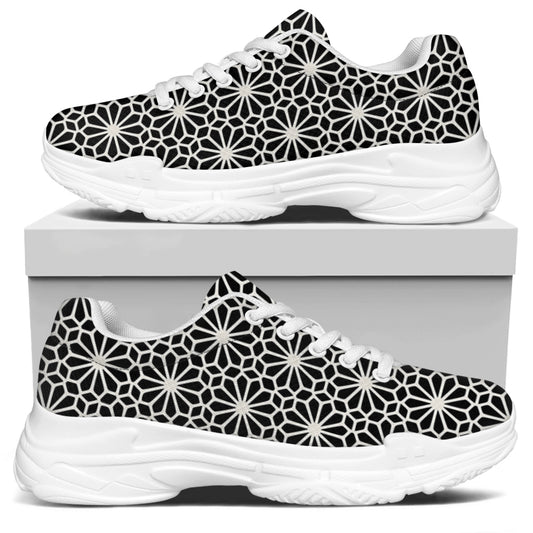 Black And White Geometric Floral Print White Chunky Shoes