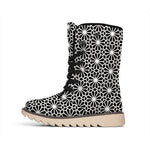 Black And White Geometric Floral Print Winter Boots