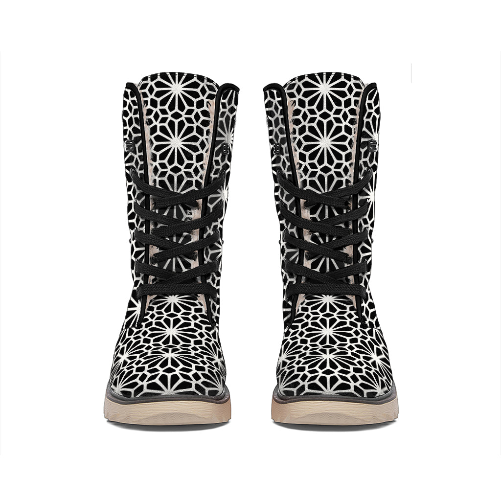Black And White Geometric Floral Print Winter Boots
