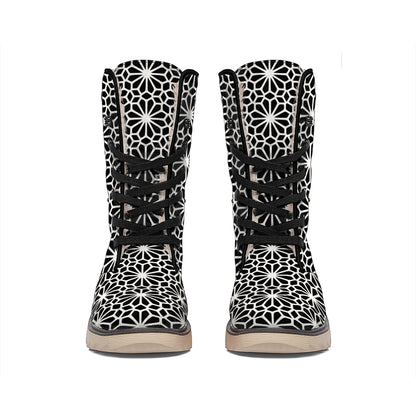 Black And White Geometric Floral Print Winter Boots