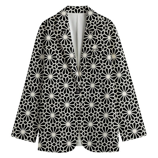 Black And White Geometric Floral Print Women's Blazer
