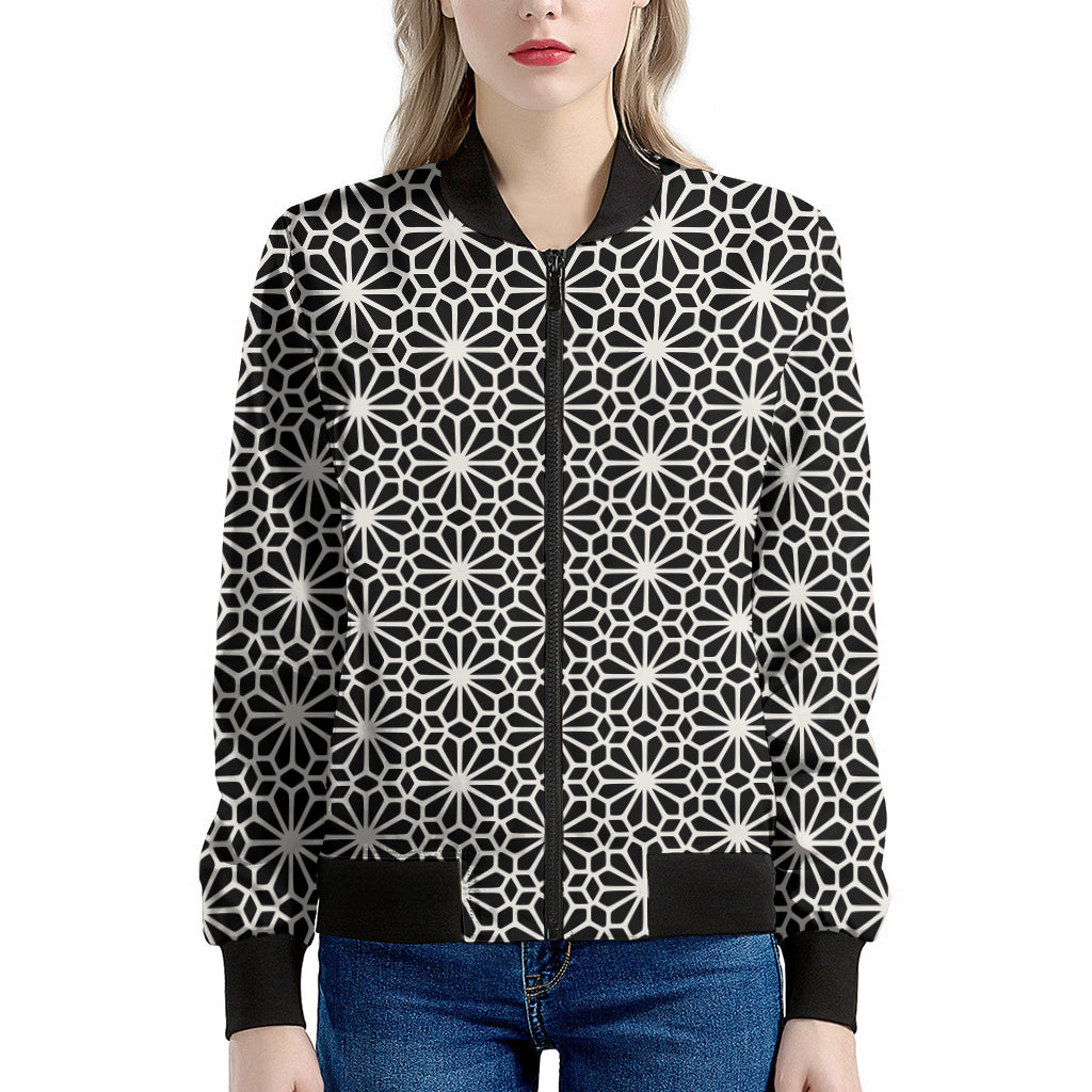 Black And White Geometric Floral Print Women's Bomber Jacket