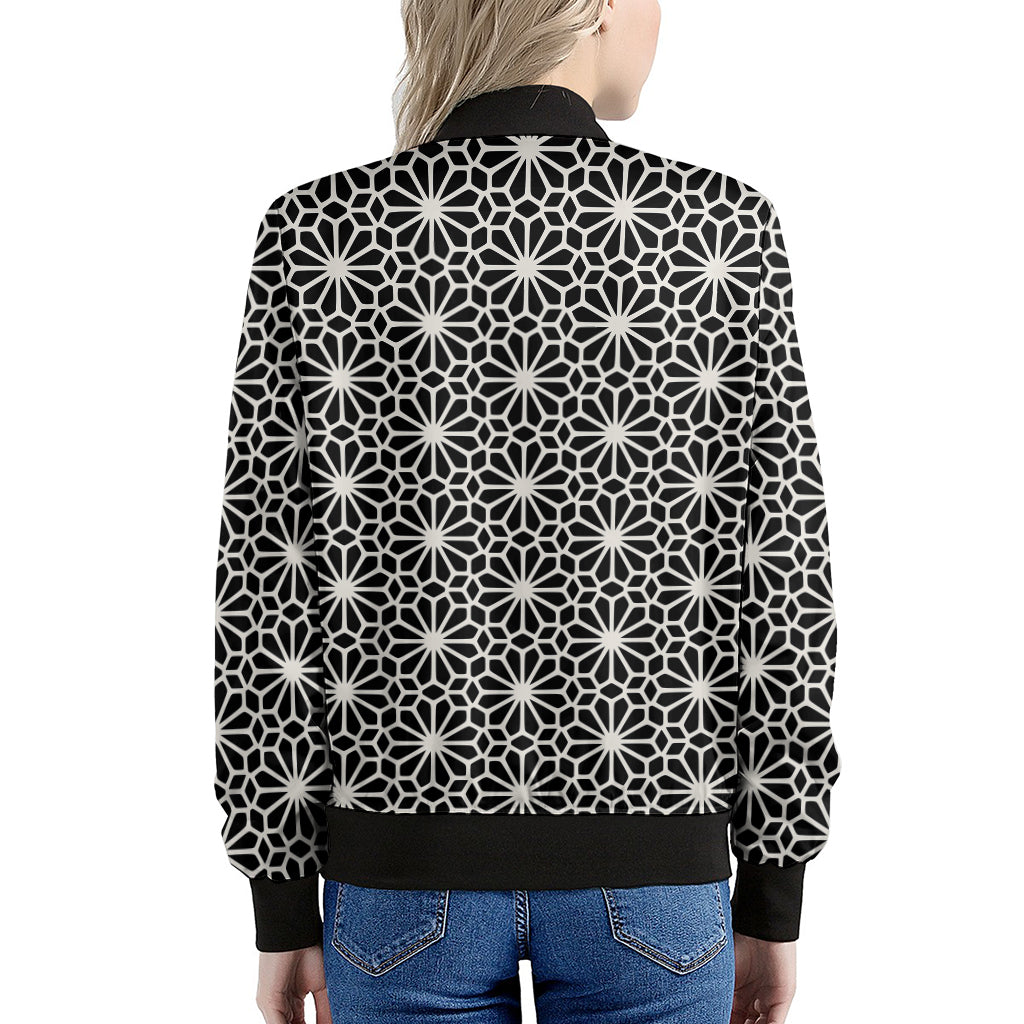 Black And White Geometric Floral Print Women's Bomber Jacket