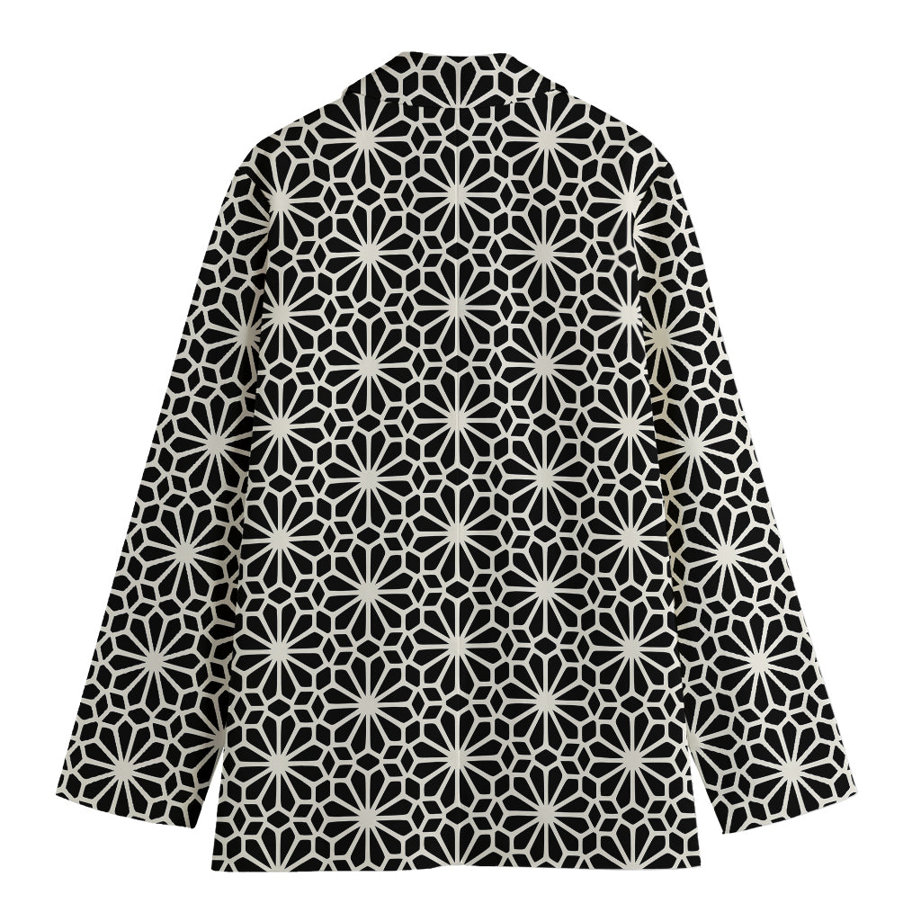 Black And White Geometric Floral Print Women's Cotton Blazer