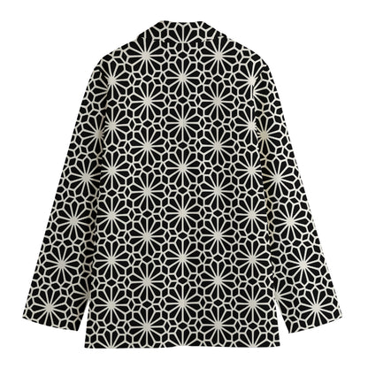 Black And White Geometric Floral Print Women's Cotton Blazer
