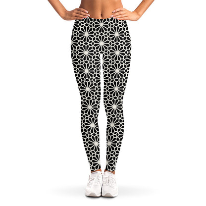 Black And White Geometric Floral Print Women's Leggings