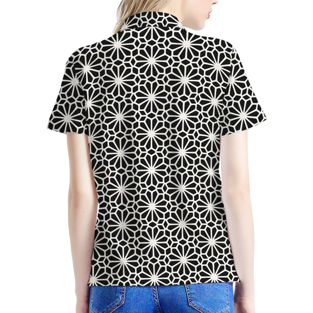 Black And White Geometric Floral Print Women's Polo Shirt